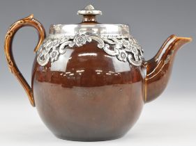 Edward VII hallmarked silver mounted ceramic teapot, the floral mount Birmingham 1905, maker Henry