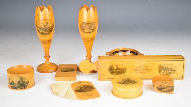 Mauchline ware items comprising a pair of vases depicting Burns' cottage and Burns' monument, card