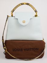 Louis Vuitton Capucines MM leather handbag in pale blue grained leather, with single python skin