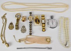 A collection of costume jewellery including Gucci pendant watch, Rocar stopwatch, silver Jubilee
