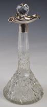 German silver mounted cut glass decanter, with tri form spout mount and conical base, overall height