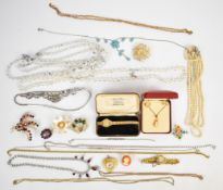 Costume jewellery including Sarah Coventry brooch, diamanté necklaces, cameo earrings and pendant,
