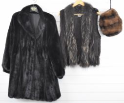 Vintage Adolfo mink coat, Javier Simorra fur gilet UK size 10 and a fur muff / hand warmer with