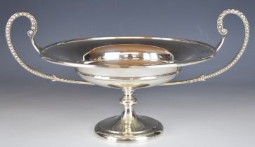 George V hallmarked silver twin handled pedestal comport or tazza with beaded decoration to the