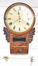 19th century flame mahogany fusee dial or wall clock, the white painted dial with Roman numerals,