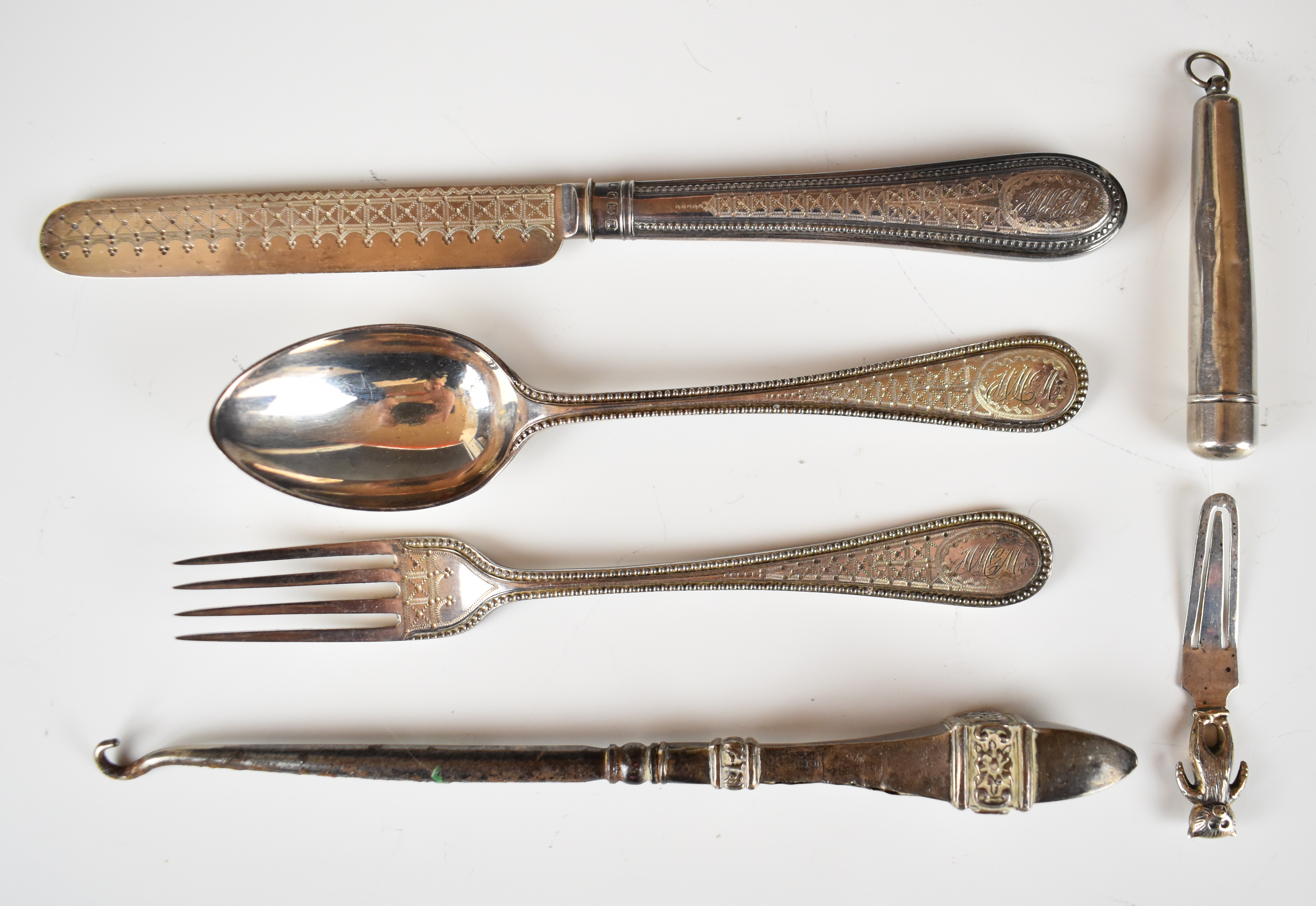 Victorian hallmarked silver three piece christening set comprising knife, fork and spoon,