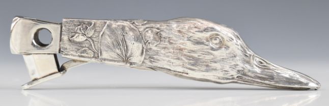 Novelty silver plated and chrome cigar cutter formed as the head and bill of a duck, length 15cm