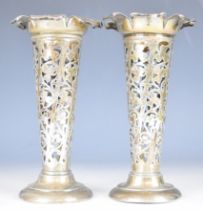 Pair of Art Noueavu hallmarked silver trumpet vase holders with pierced decoration, Chester 1905,