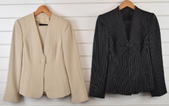 Two Giorgio Armani trouser suits comprising one pinstripe and one in neutral twill fabric, both size