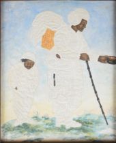 19thC pricked paper and watercolor of a black man and child, the man holding a stick and alms