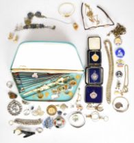 A collection of jewellery including silver brooch, silver ring set with calibre cut sapphires and