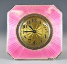 Art Deco hallmarked silver and pink guilloché enamel dressing table clock with easel back,