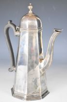 Edward VII hallmarked silver coffee pot of tapering octagonal form, London 1902, maker Thomas