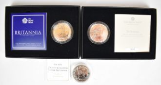 Three Royal Mint and Jubilee Mint silver Britannia coins, with certificates