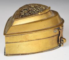 19thC Eastern brass heart shaped make up box with multi sectional hinged fitted interior, L13 x