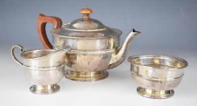 Art Deco hallmarked silver three piece tea set with beaded rim, Birmingham 1932, maker Adie Brothers