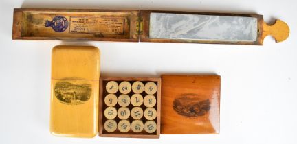 Three Mauchlineware items comprising Dunoon card case, Borrowdale box with numbered counters and Tam