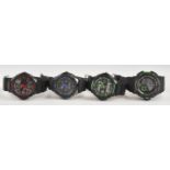 Four SKMEI S-Shock Casio G-Shock style gentleman's wristwatches comprising two black and green,