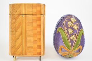 19th century straw work playing card case and an embroidered and beadwork egg, the case 12 x 8cm
