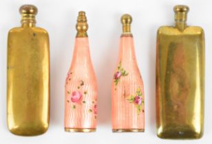 Four 19thC scent / perfume bottles including two guilloché enamel examples and two flattened form