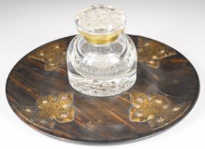 Victorian Gothic Revival brass mounted coromandel and cut glass inkwell, the base with engraved