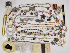 A collection of costume and other jewellery including silver charm bracelet, gold plated watches,