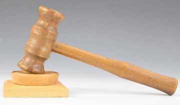 Turned specimen wood gavel with Tunbridge ware style head, together with an associated sound or