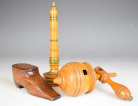19th century turned wood spinning top and handle, novelty Brighton travelling chamber stick and a