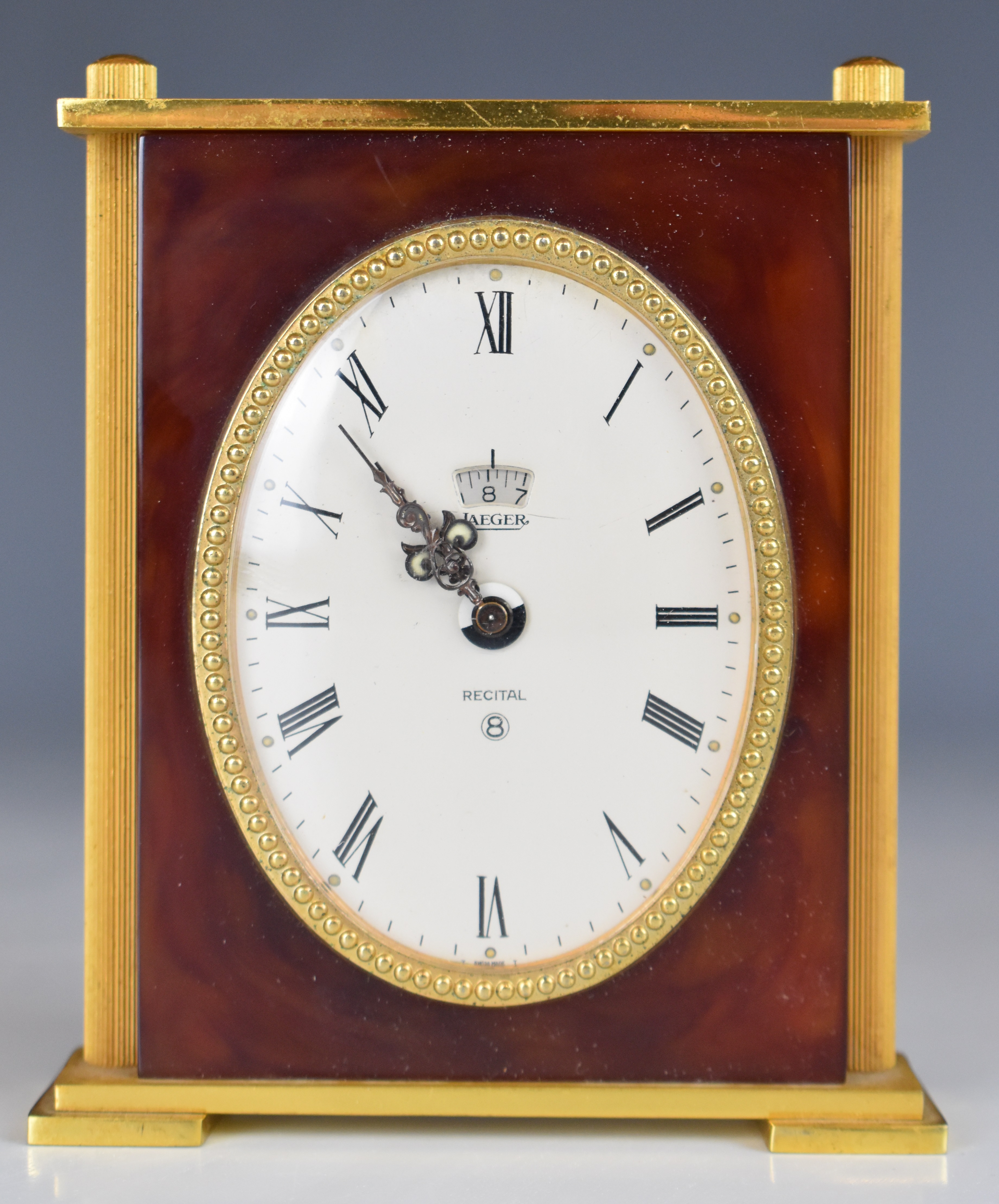 Jaeger (pre LeCoultre) Recital 8 day desk clock with alarm, black Roman numerals, silver dial and