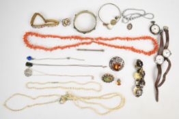 A collection of jewellery including coral necklace, two micro mosaic brooches and bracelet, cultured