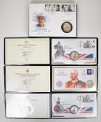 Four silver proof coin packs comprising two 1oz Britannia, Charles III 1oz and Queen Elizabeth II In