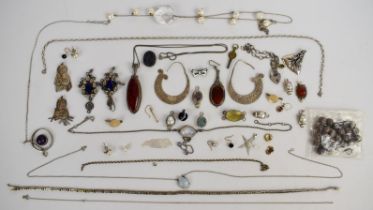 A collection of mainly silver jewellery including Greek key necklace, five clasps, bracelet,