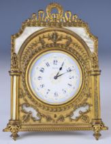 French gilt metal and mother of pearl dressing table clock, the white and blue enamel dial having