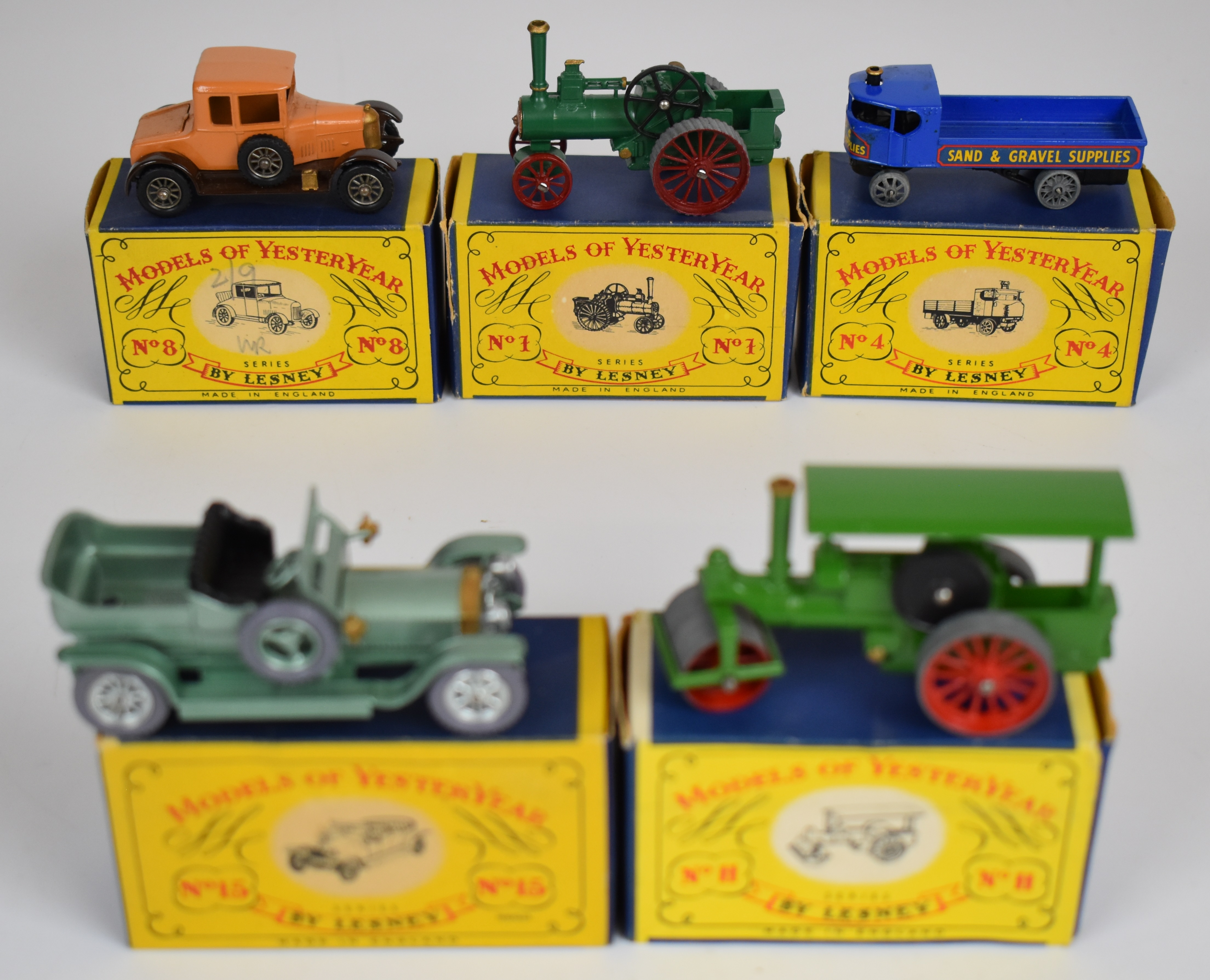 Five Matchbox Models of Yesteryear diecast model vehicles comprising numbers 1, 4, 8, 11 and 15, all