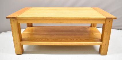 Modern elm or similar coffee table with shelf below, L120 x W65 x H51cm