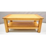 Modern elm or similar coffee table with shelf below, L120 x W65 x H51cm