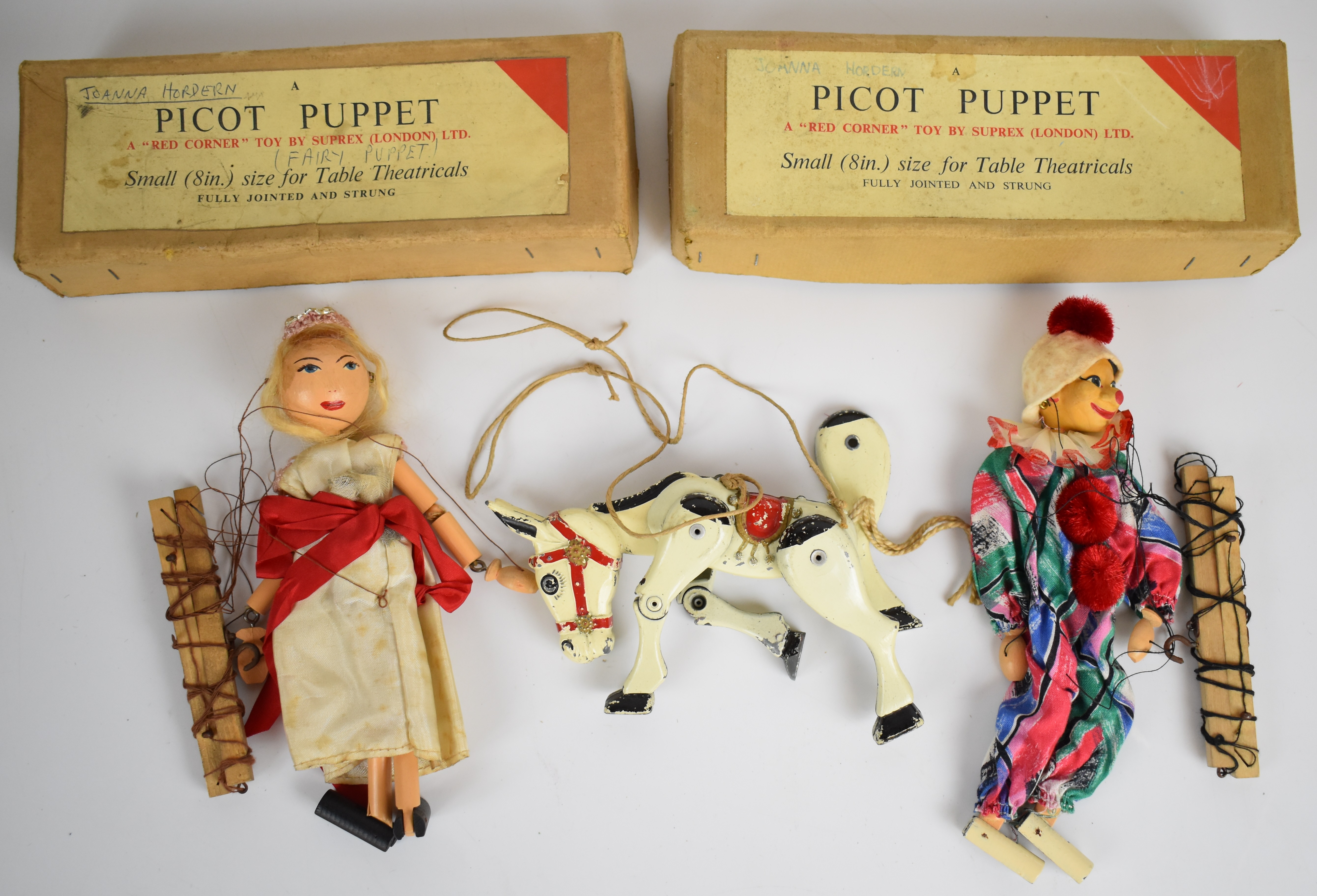 Three vintage marionette puppets comprising two Picot in original boxes and a Moco Junior Muffin the