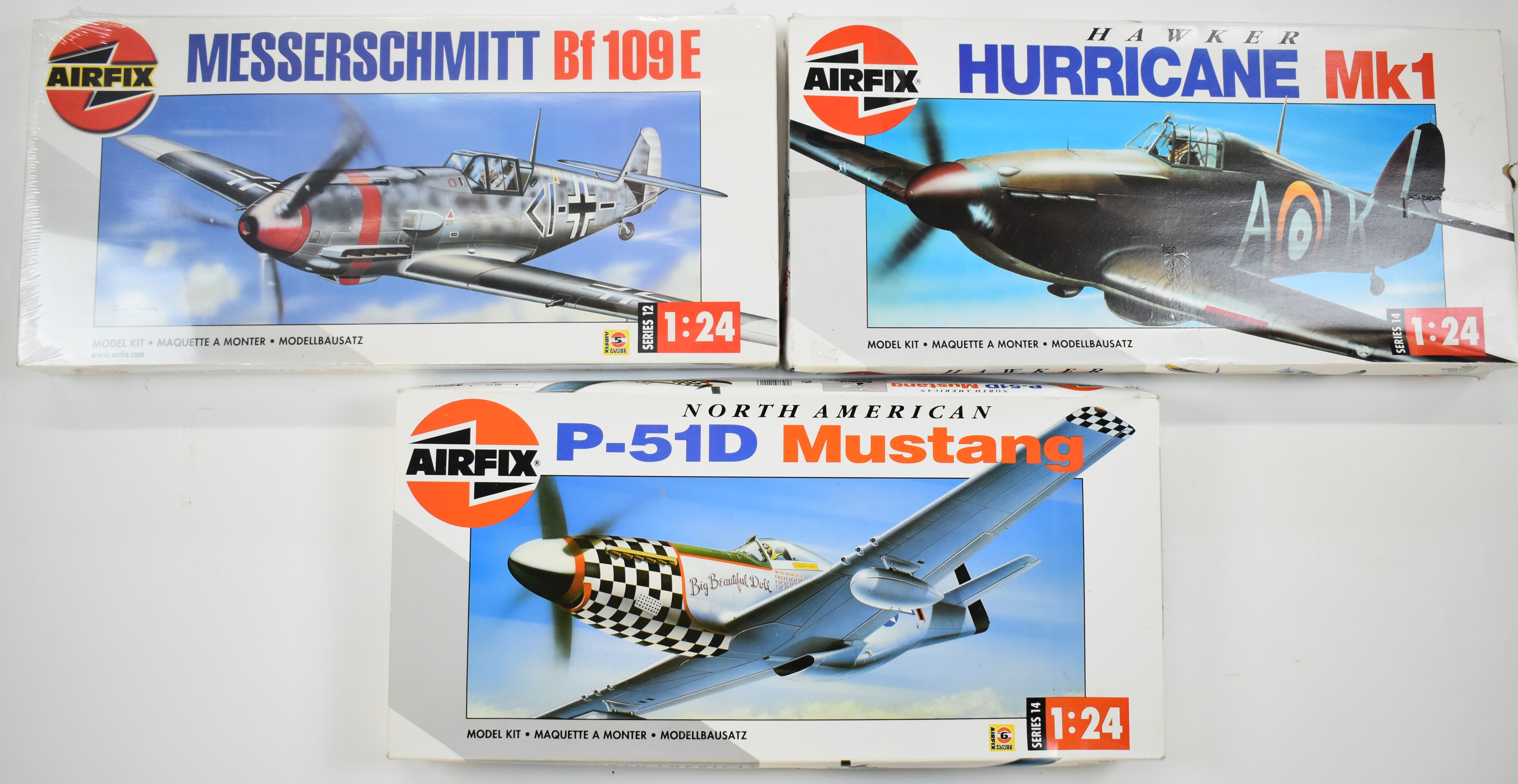 Three Airfix 1:24 scale plastic model fighter plane kits comprising Hawker Hurricane Mk1 14002,
