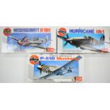 Three Airfix 1:24 scale plastic model fighter plane kits comprising Hawker Hurricane Mk1 14002,