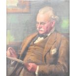 F Stratton oil on canvas bespectacled gentleman holding a paper with compass, signed and dated F