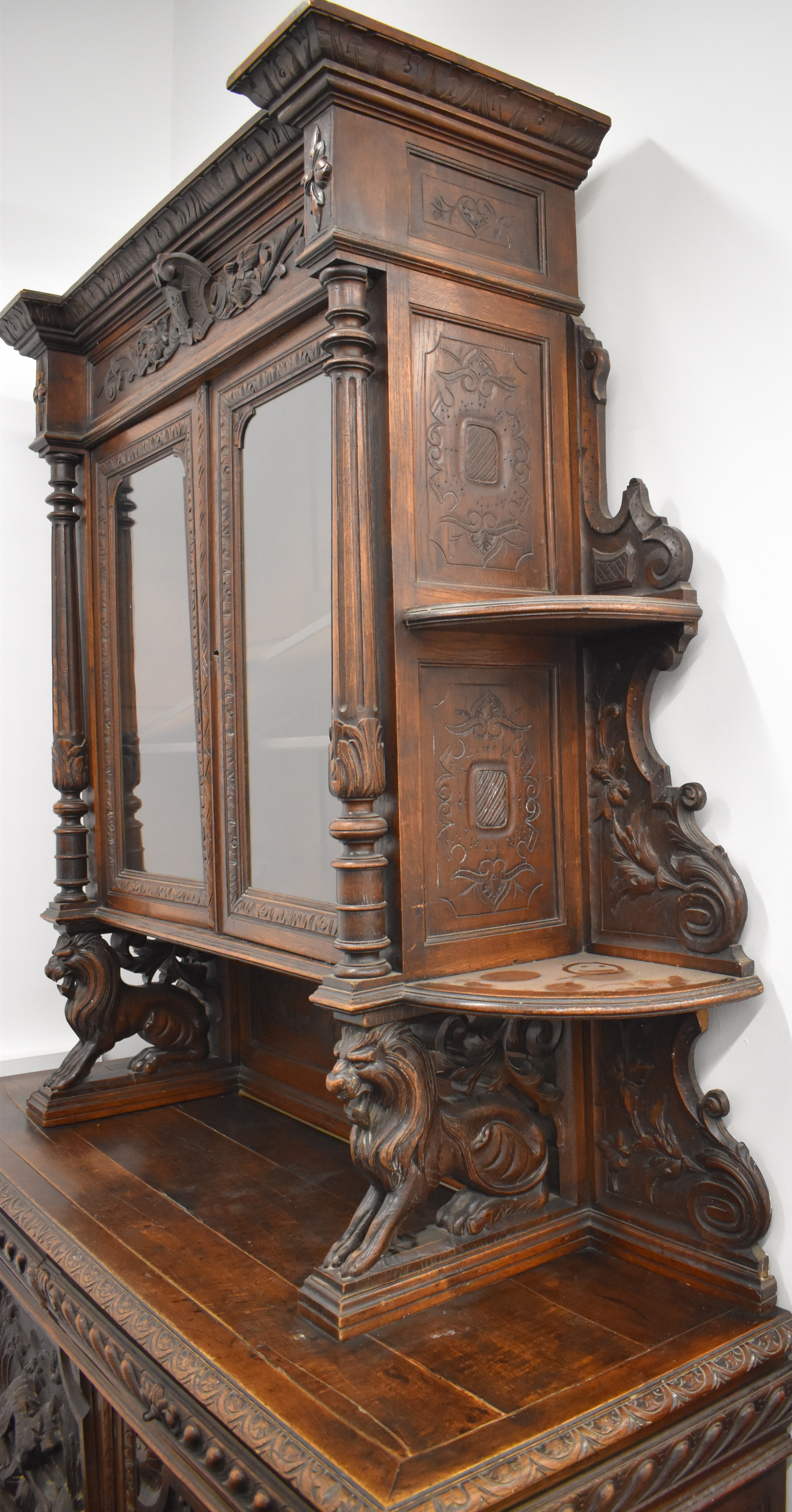 Victorian breakfront carved oak glazed bookcase over two drawers and twin cupboard with hunting - Image 7 of 8