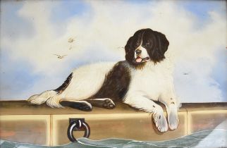 19th / 20thC reverse painted on glass picture of a Newfoundland / St Bernard dog lying on a quay