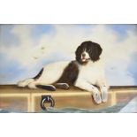 19th / 20thC reverse painted on glass picture of a Newfoundland / St Bernard dog lying on a quay