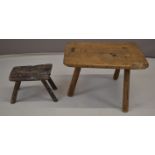 Two 17th / 18thC elm milking stools with iron staples, largest W44 x D38 x H28cm