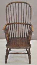 19thC elm seated Windsor armchair with hooped and spindle back