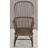 19thC elm seated Windsor armchair with hooped and spindle back