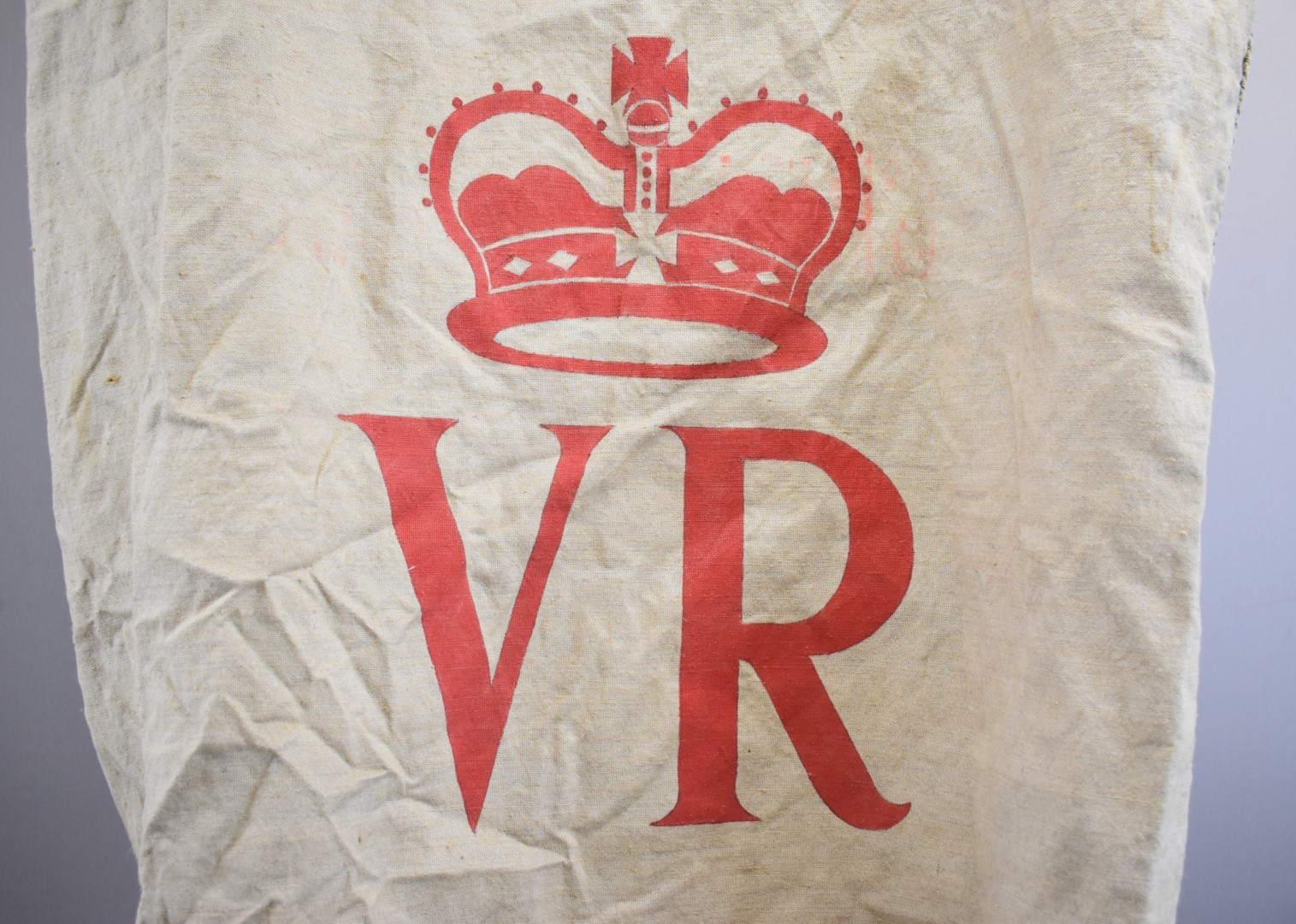 Victorian canvas post or parcel bag with metal hanging loops and VR cypher above crown, height - Image 2 of 4