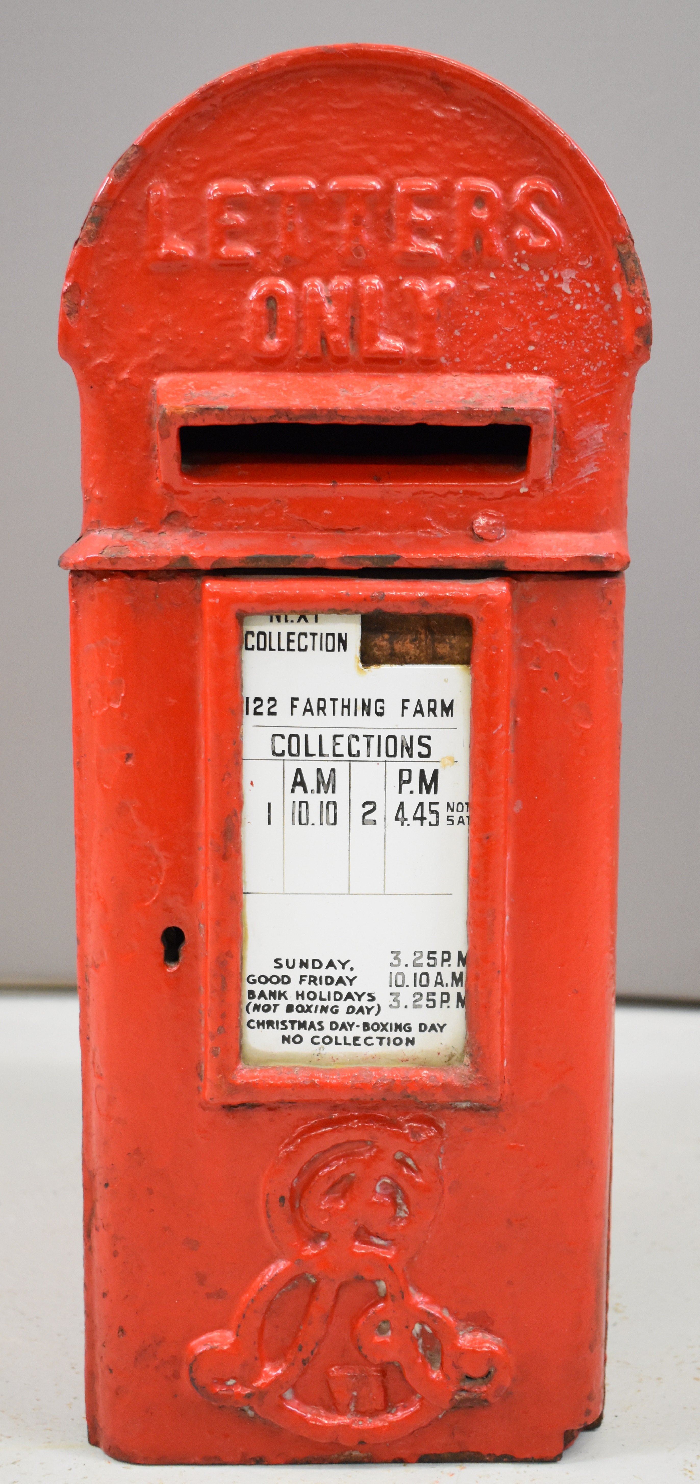 Edward VII cast iron lamp post mounted post box with enamel plate to door for Farthing Farm,