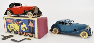 Two Tri-ang Minic Toys clockwork tinplate or pressed steel saloon cars comprising Rolls-Royce and