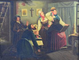 19th century Continental school oil on canvas two ladies with man on his knees and further man in